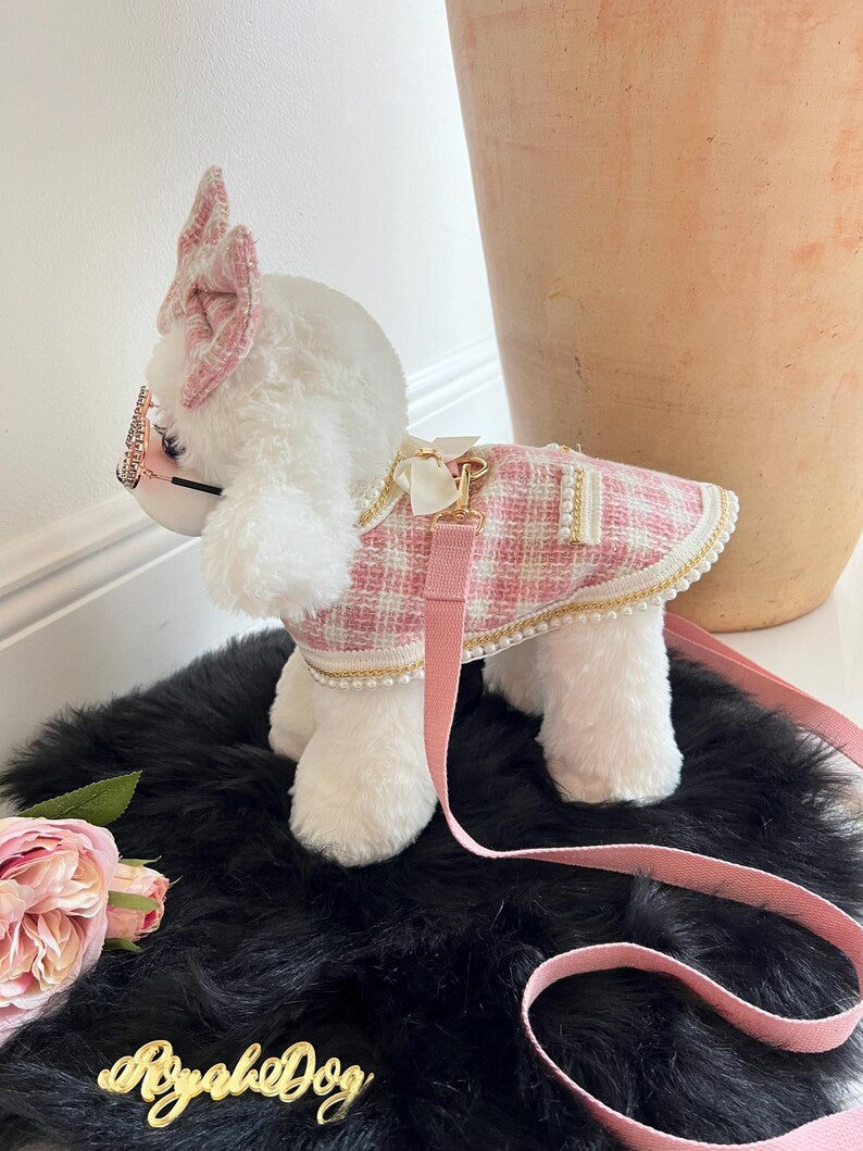 Glamorous Pink Dog Harness Cape with Bow - Stylish Pet Attire, dog cape, small dog outfit, dog costume party, Dog fashion, cat cape
