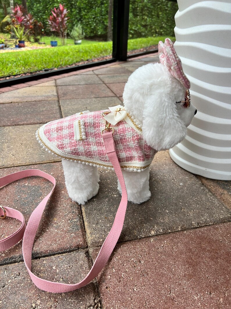 Chic Pink Dog harness with Glasses & Bow - Fashionable Pet Accessory, dog cape, small dog outfit, dog costume party, Dog fashion, dog harnes
