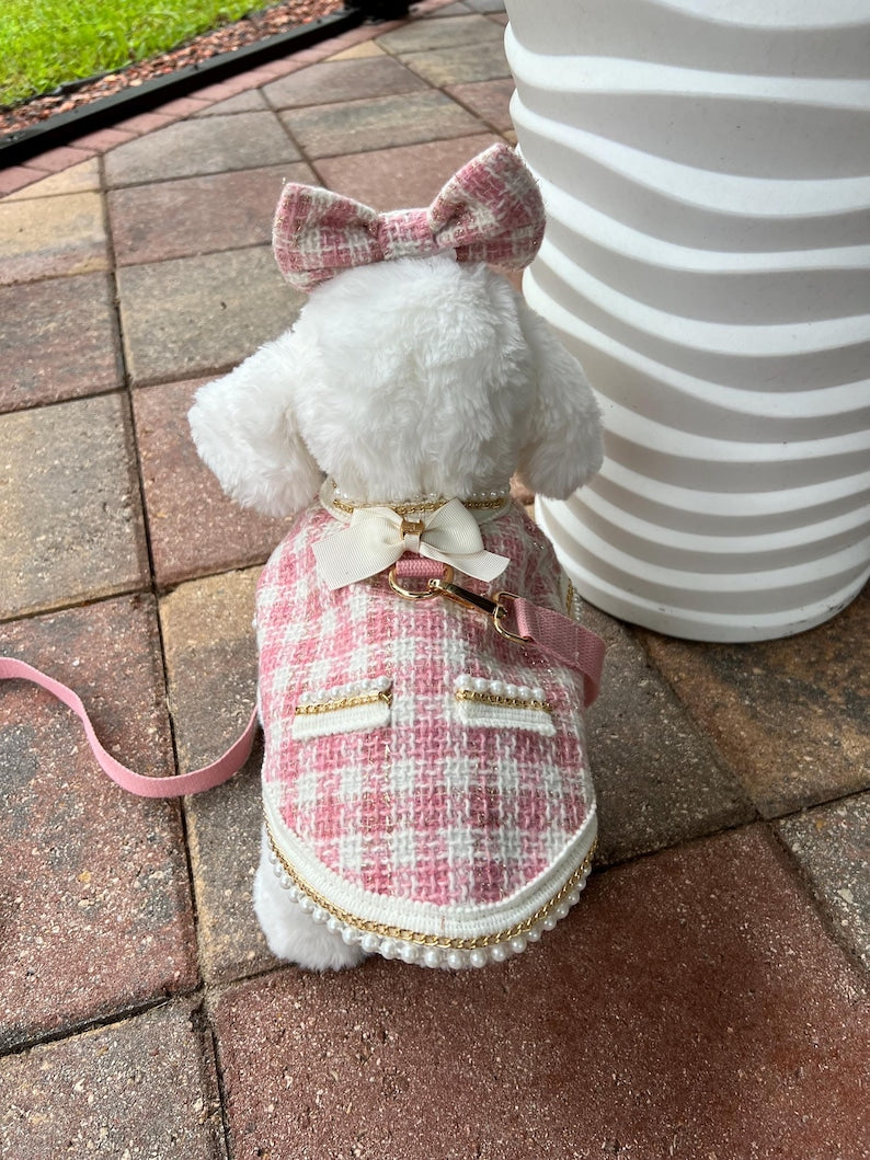 Chic Pink Dog harness with Glasses & Bow - Fashionable Pet Accessory, dog cape, small dog outfit, dog costume party, Dog fashion, dog harnes