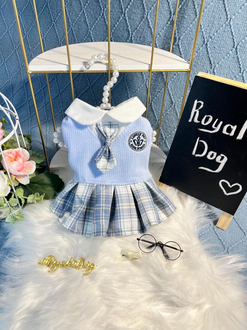 Cute Dog Dress in Schoolgirl Style with Glasses | Puppy Apparel, Dress for pets, small dog clothes, dog fashion, Cute dog costume cat outfit