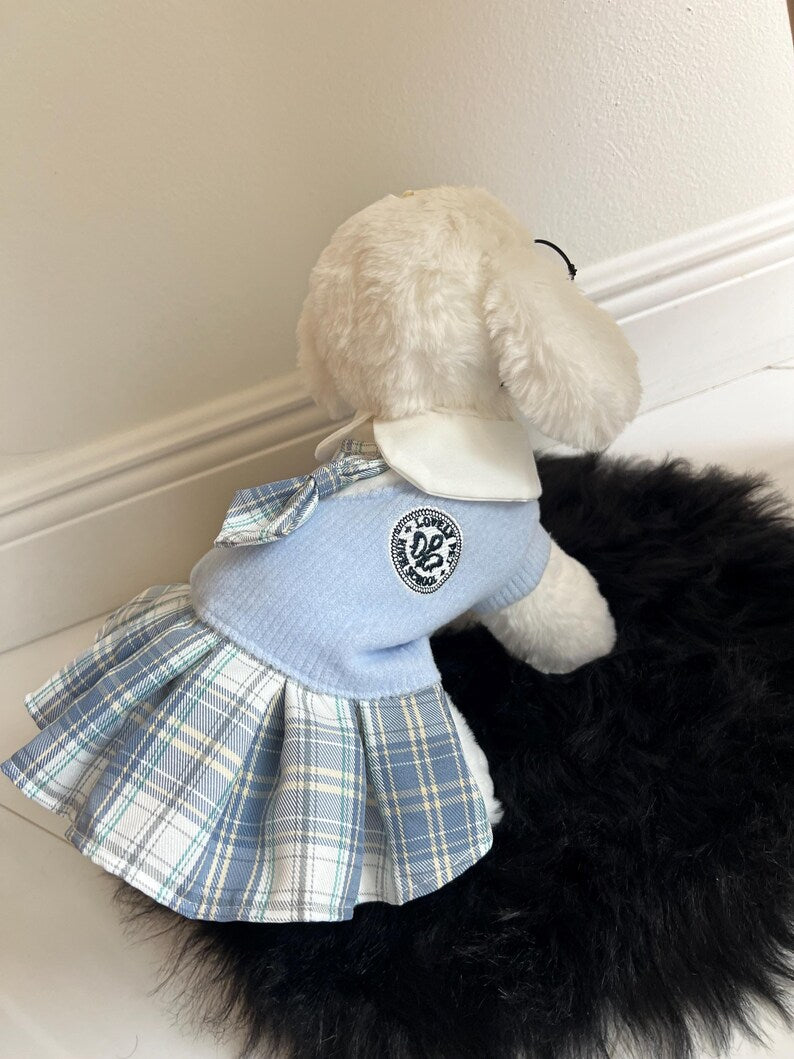 Chic blue Schoolgirl Dress & Glasses for Dogs | Unique Pet Costumet, Dress for pets, small dog clothes, dog fashion, Cute dog costume