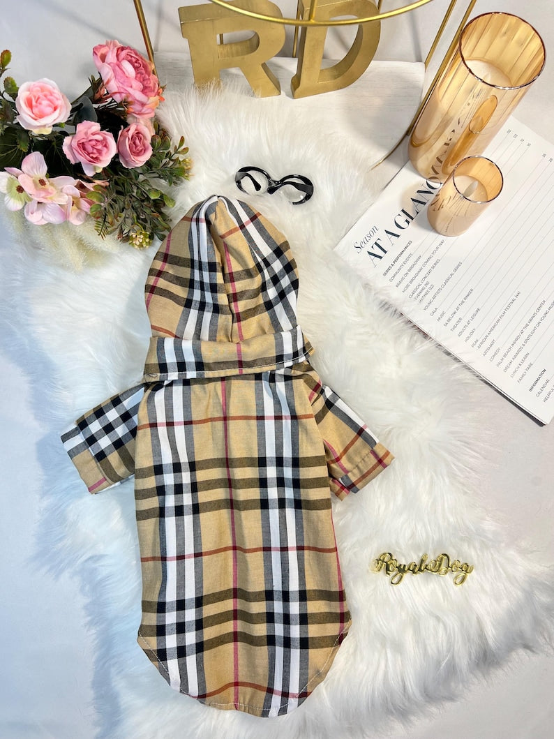 Trendy Canine Hooded Coat & Glasses in Beige - Fashion Forward Dog Apparel, classic dog trench coat, cat coat dog fashion wear, puppy outfit