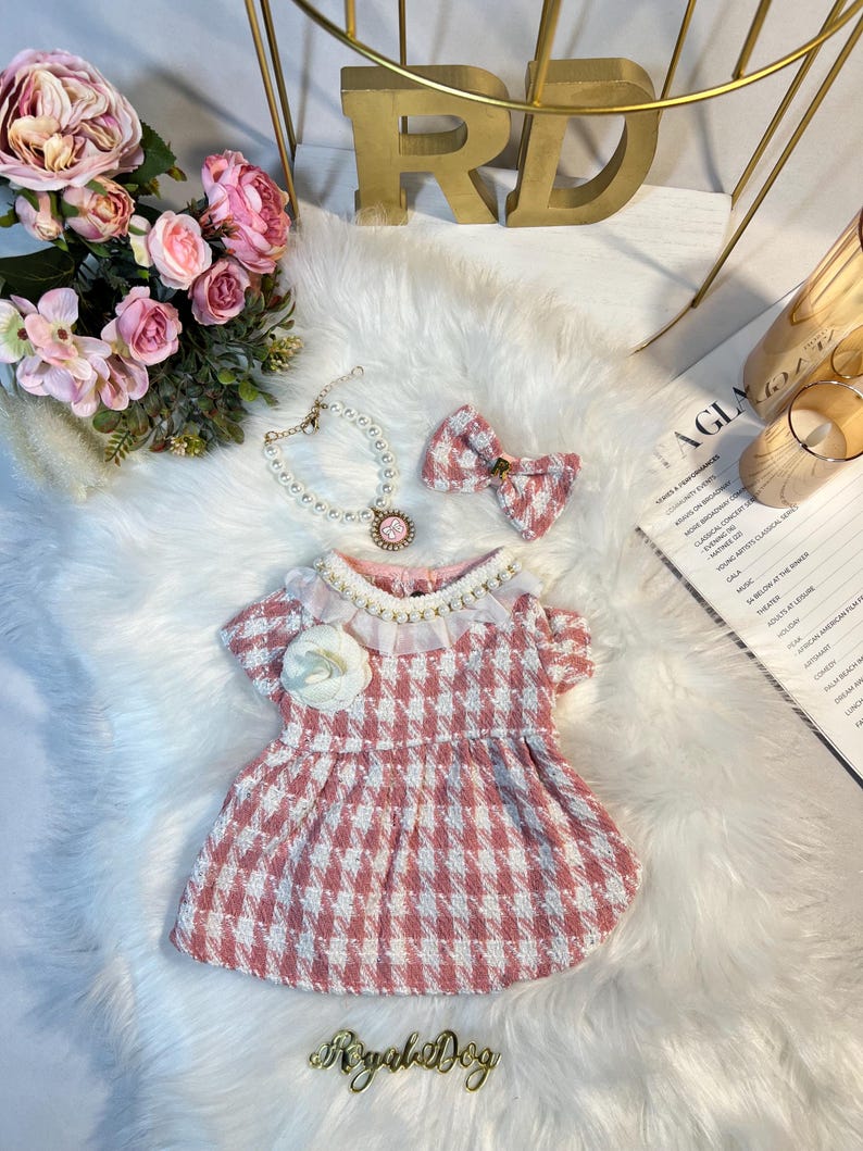 Chic Pink Tweed Dog Dress & Necklace | Personalized Clip - Handmade Pet Fashion, pink Dog dress, Custom dog clothes, wedding birthday dog
