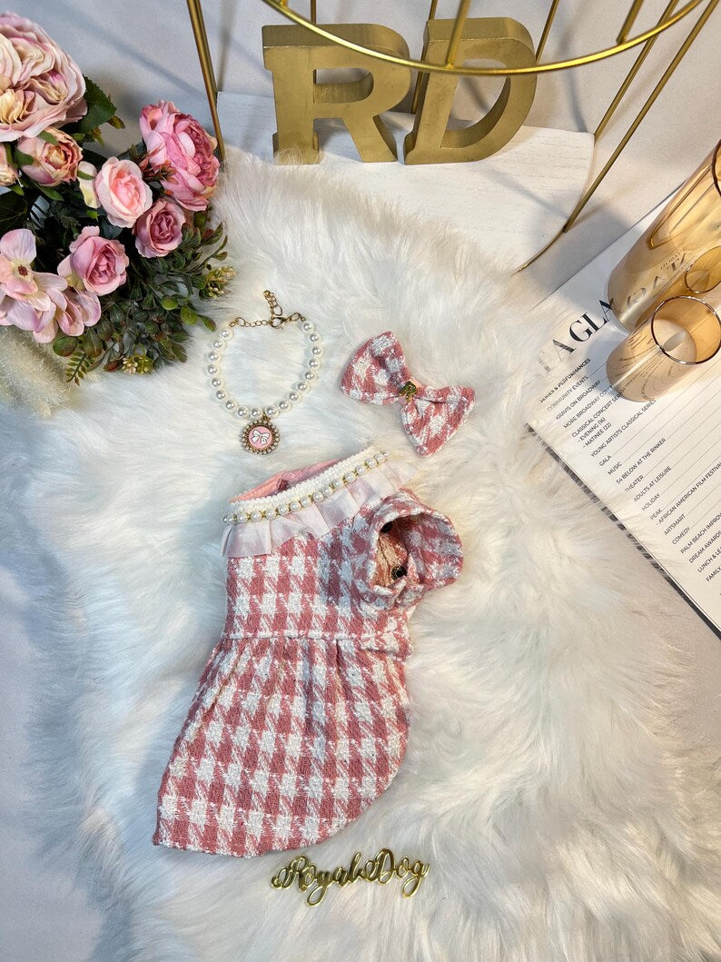Chic Pink Tweed Dog Dress & Necklace | Personalized Clip - Handmade Pet Fashion, pink Dog dress, Custom dog clothes, wedding birthday dog