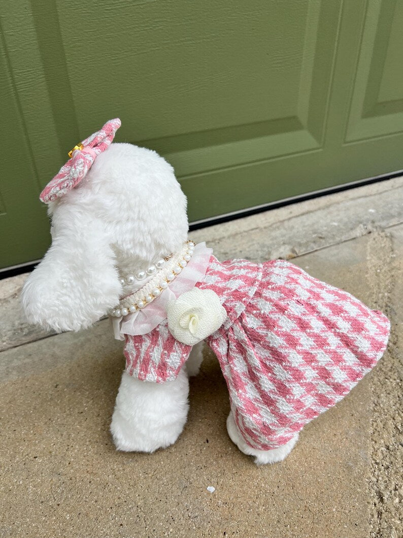 Chic Pink Tweed Dog Dress & Necklace | Personalized Clip - Handmade Pet Fashion, pink Dog dress, Custom dog clothes, wedding birthday dog