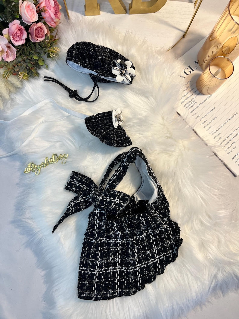 Chic Tweed Dress with Elegant Collar & Stylish Beret Set , dress for pets, small dog outfit, dog costume party, Dog fashion, Dog dress