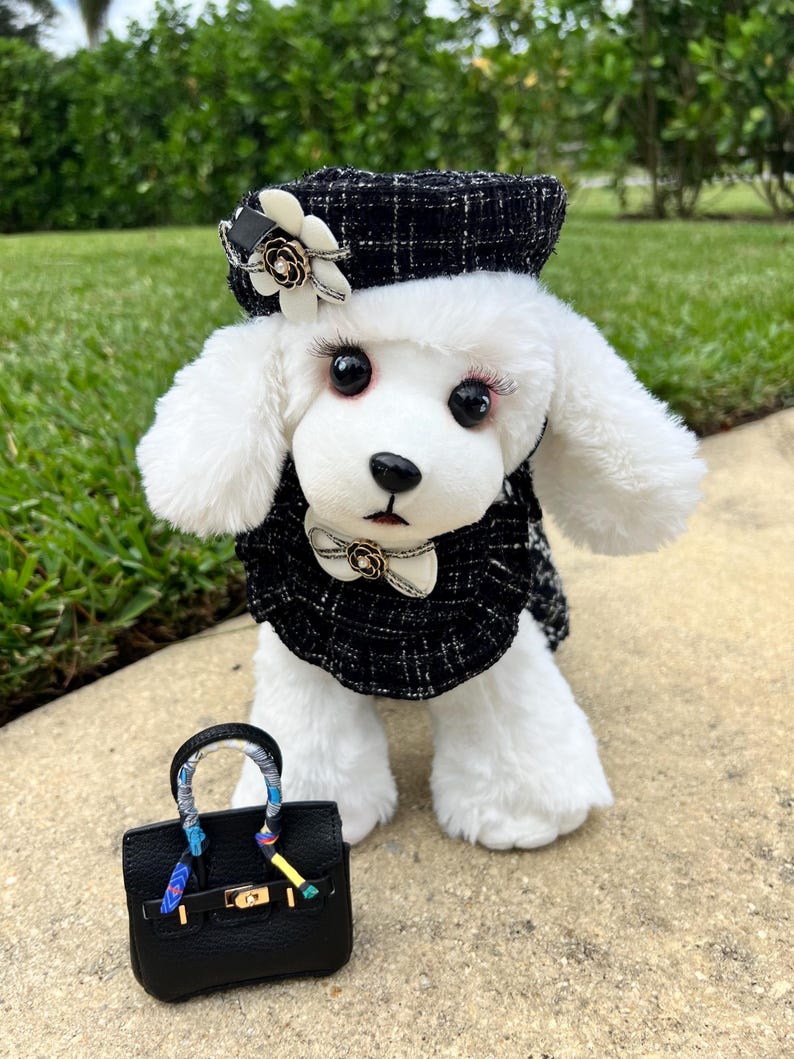 Fashionable Tweed Dress with Stunning Collar & Trendy Beret, Dog Dresses, puppy clothes, girl Dog accessorius, small Dog clothes, dog outfit