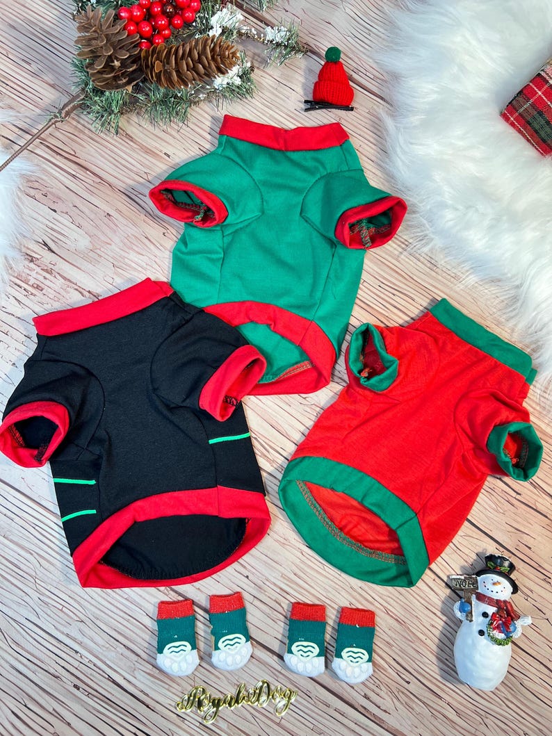 Adorable Christmas Pet Pajamas Set with Cute Socks & Hat Clip, dog lover gift, Dog jumper, Small Dog Christmas pajamas , Holiday dog pajamas