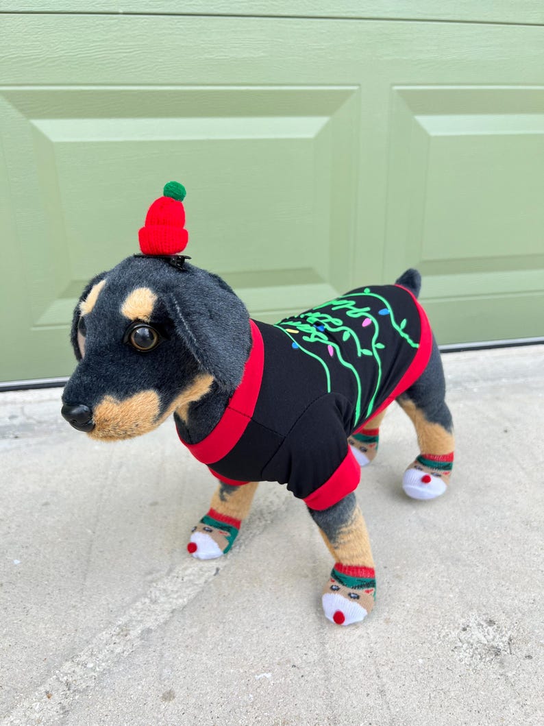 Holiday Pet Pajama Set: Cute Socks & Christmas Hat Clip for Furry Friends , dog lover gift, Dog jumper, Small Dog Christmas pajamas