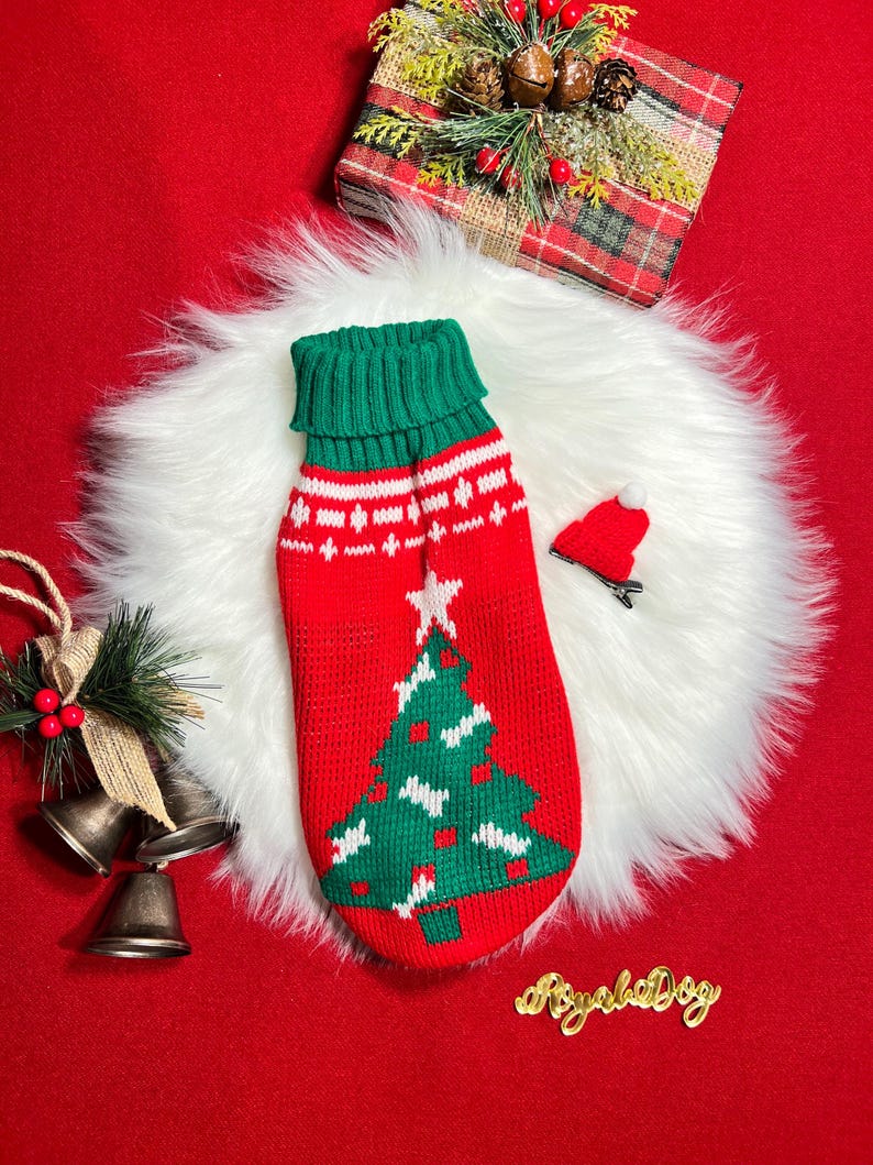 Christmas Tree Print Dog Sweater with Adorable Hat Clip , small dog clothes, Christmas dress for dog, Christmas dog sweater, holiday gift