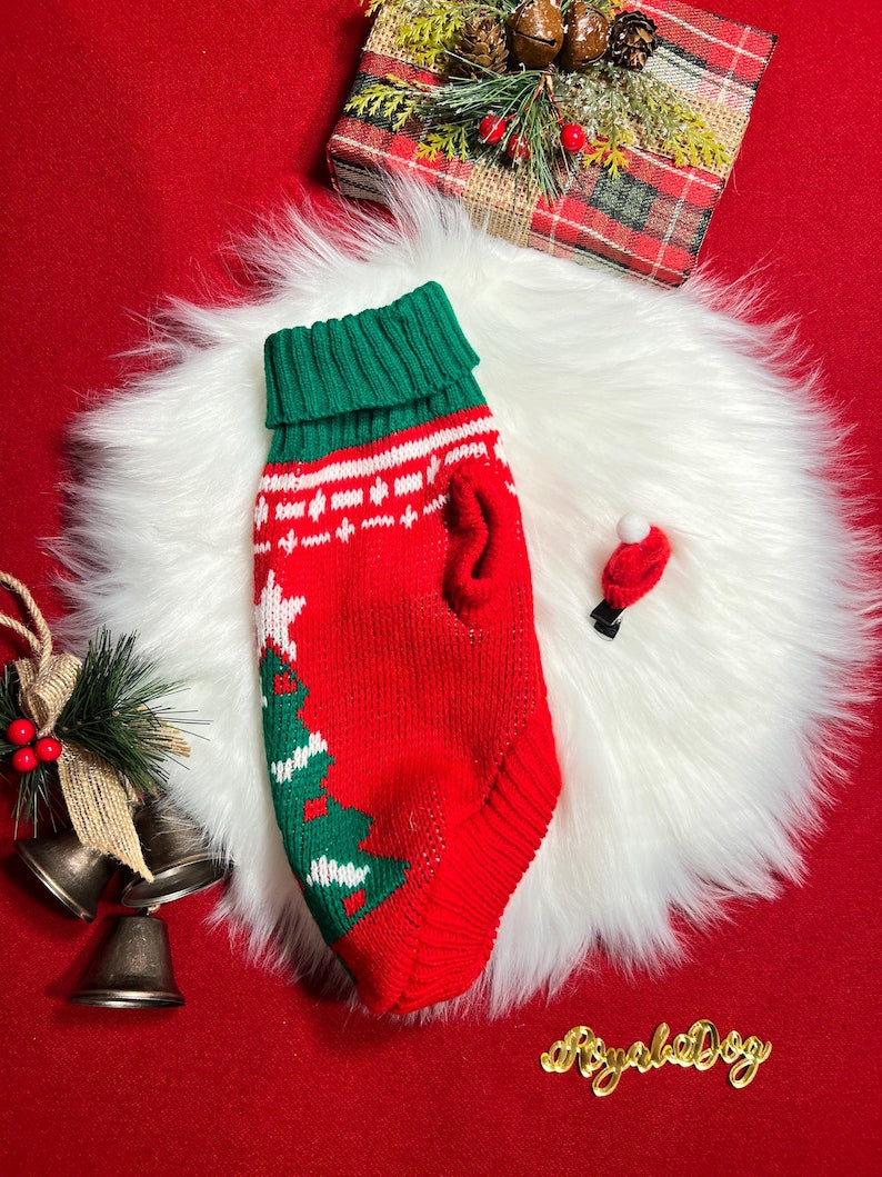 Christmas Tree Print Dog Sweater with Adorable Hat Clip , small dog clothes, Christmas dress for dog, Christmas dog sweater, holiday gift