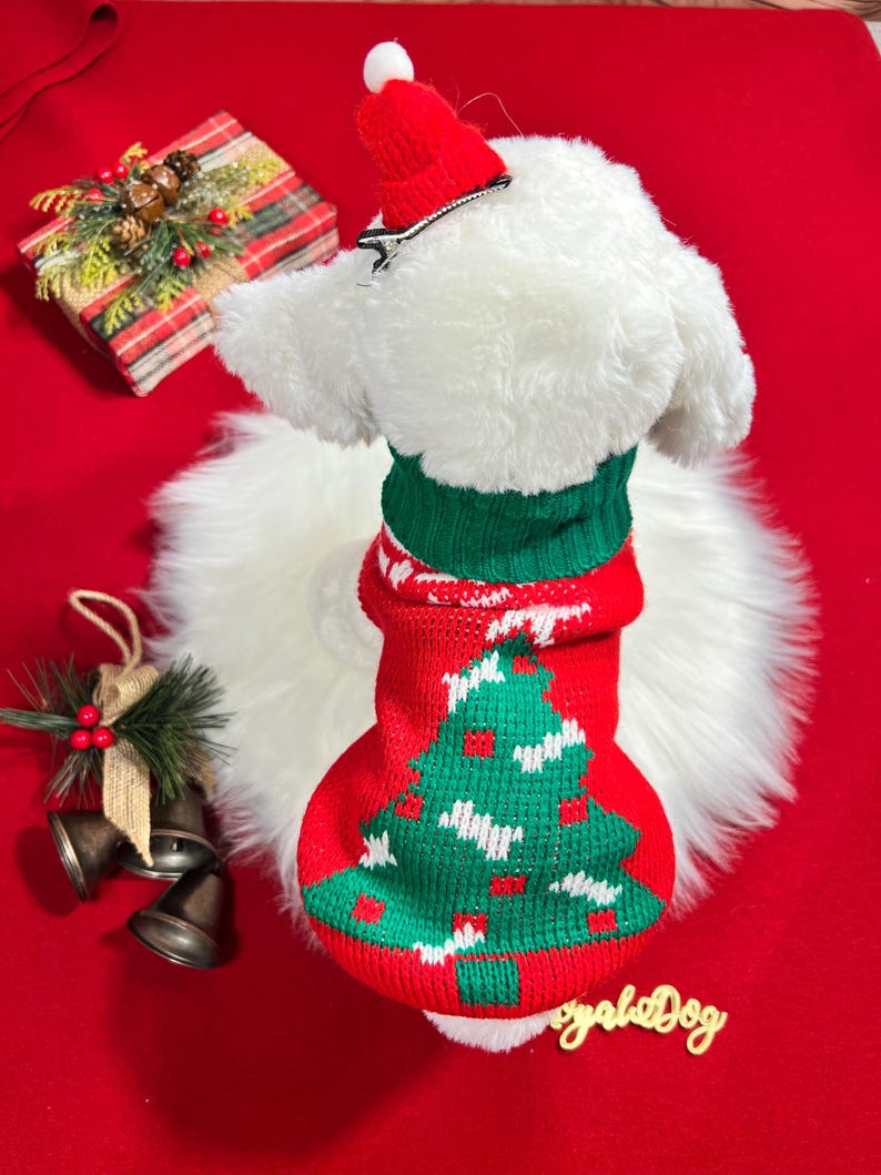 Christmas Tree Print Dog Sweater with Adorable Hat Clip , small dog clothes, Christmas dress for dog, Christmas dog sweater, holiday gift
