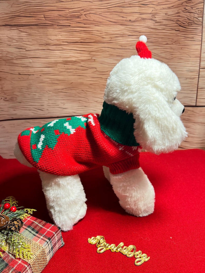 Christmas Tree Print Dog Sweater with Adorable Hat Clip , small dog clothes, Christmas dress for dog, Christmas dog sweater, holiday gift