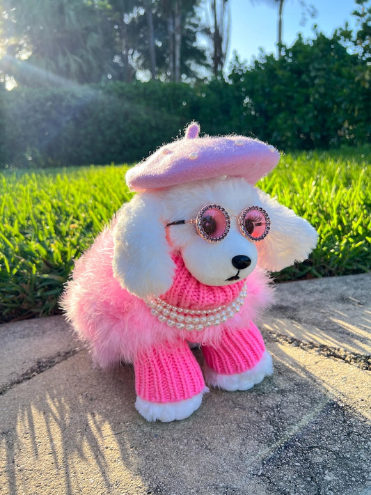Pink Beret, Necklace & Glasses Dog Fashion Set - Glamorous Pet Coat Included, chic pet outfit, dog fashion, girly dog coat, pet fashion set