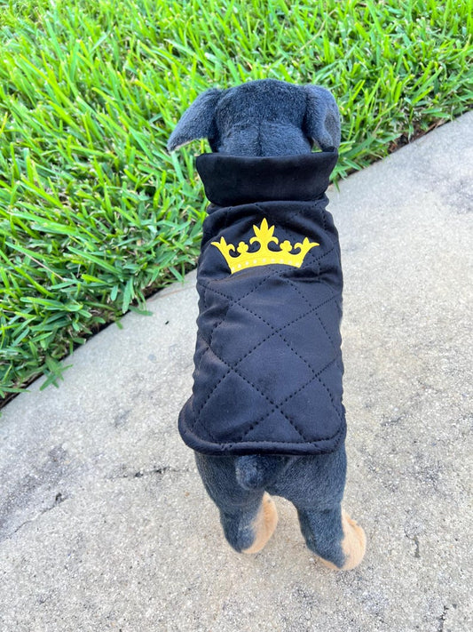 Royal Black Dog Vest - Cozy Pet Apparel with Gold Crown, pet sweater, dog fleece jacket, warm dog clothes, dog fashion, cozy warm dog vest