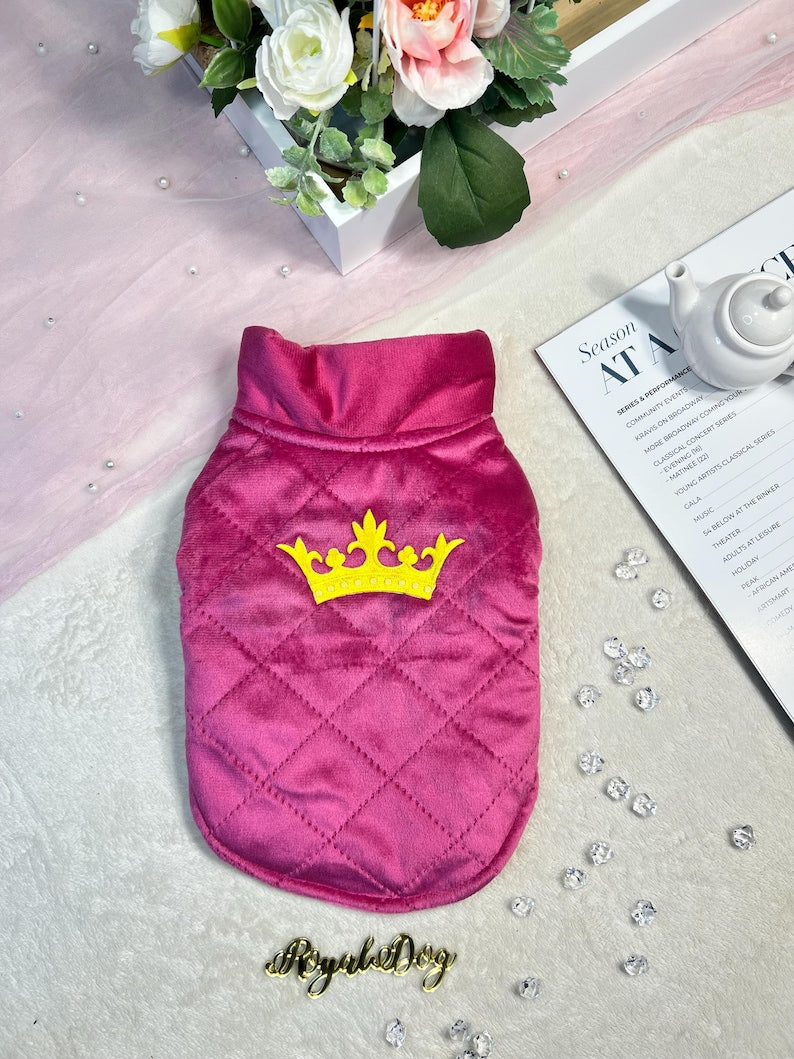 Cozy Pink Pet Vest with Regal Gold Crown Design, pet clothing, dog west, dog jacket, dog fashion, dog apparel, pet clothing, cozy dog outfit