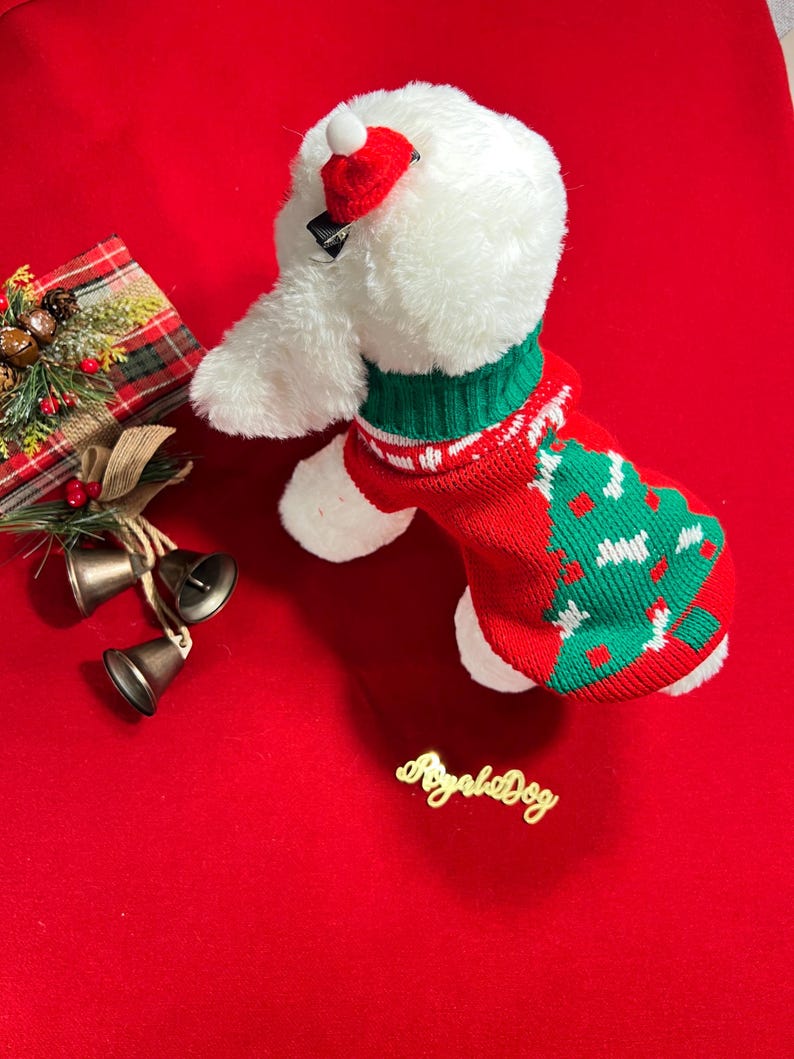 Christmas Tree Print Dog Sweater with Adorable Hat Clip , small dog clothes, Christmas dress for dog, Christmas dog sweater, holiday gift