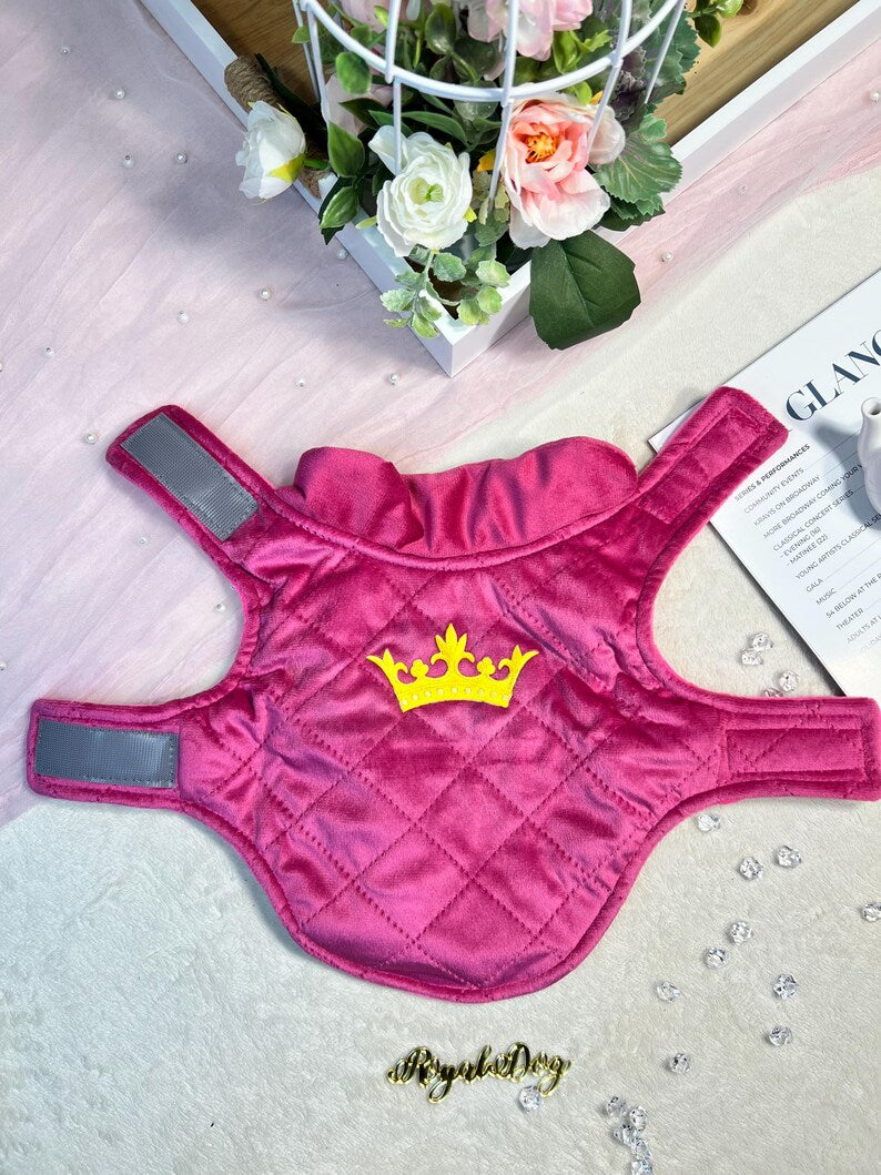 Cozy Pink Pet Vest with Regal Gold Crown Design, pet clothing, dog west, dog jacket, dog fashion, dog apparel, pet clothing, cozy dog outfit