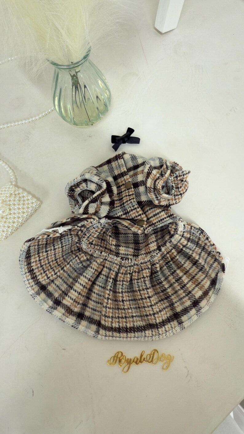 Luxury Plaid Dog Dress with Matching Hair Bow, Vintage Dog Clothes for Small Dogs, Royal Dog Couture, dog dress, dog outfit, vintage dog
