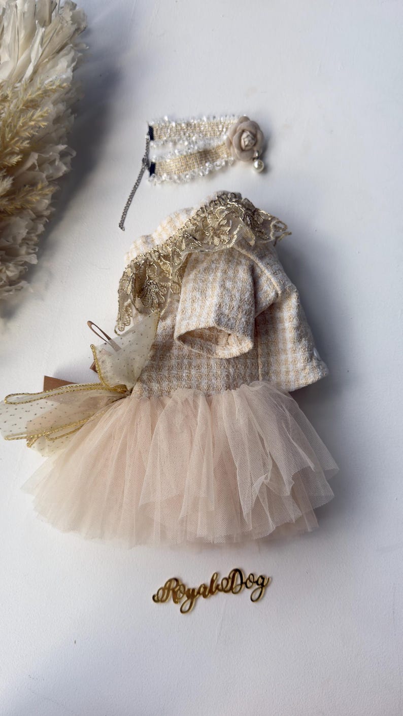 Luxury Handmade Dog Dress with Tulle Skirt & Necklace – Gold Lace Pet Dress for Small Dogs | Royal Dog Couture, Luxury Dog Dress, dog outfit