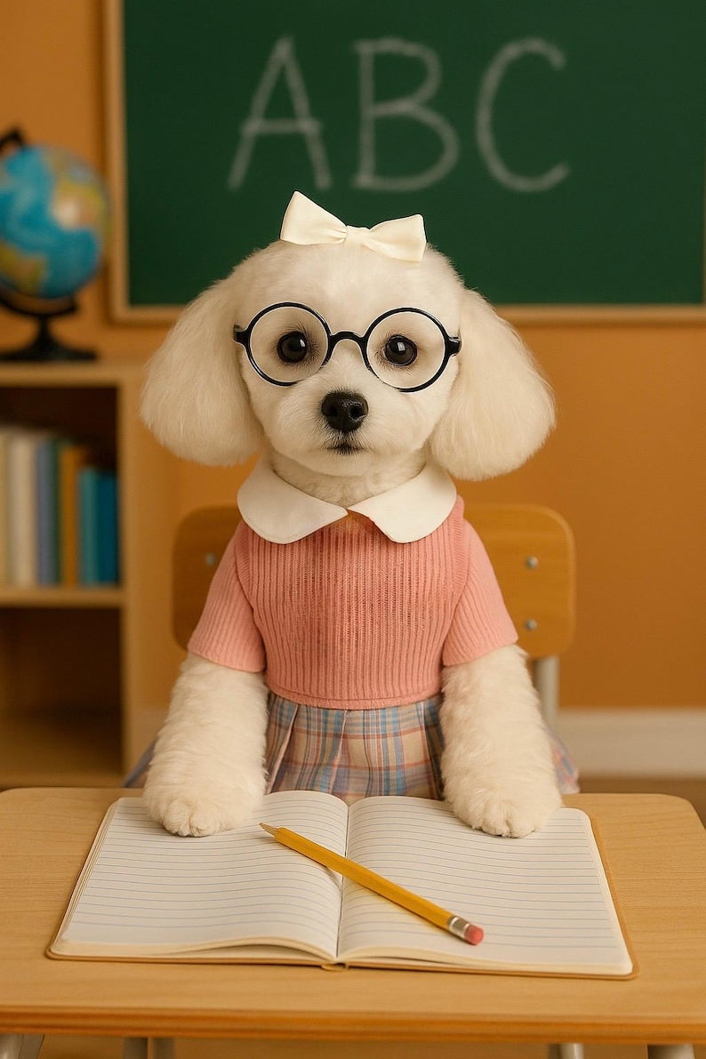Adorable Pink Dog Dress & Glasses Set – Cute Schoolgirl Outfit for Small Dogs, Yorkie Clothes, Chihuahua Dress, Toy Poodle Clothing