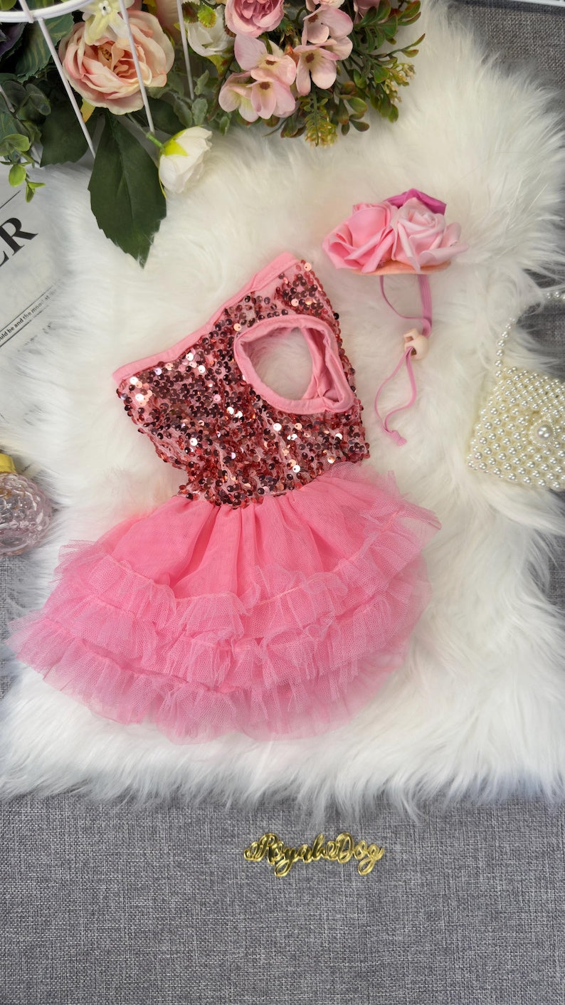 Luxury Sparkly Dog Dress with Pink Sequins & Tulle Skirt – Elegant Party Outfit for Small Dogs | Yorkie, Poodle, Chihuahua Clothes