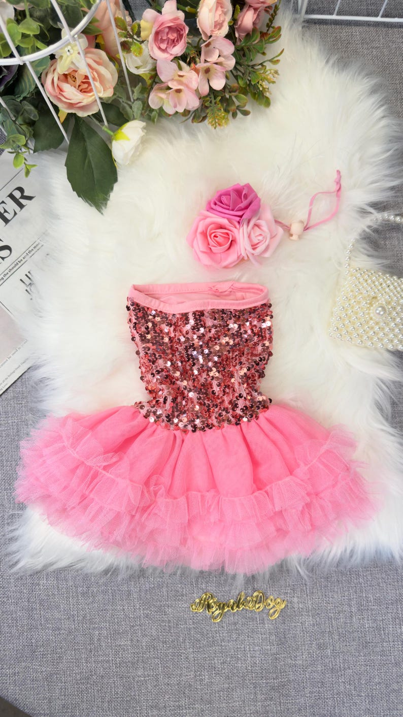 Luxury Sparkly Dog Dress with Pink Sequins & Tulle Skirt – Elegant Party Outfit for Small Dogs | Yorkie, Poodle, Chihuahua Clothes