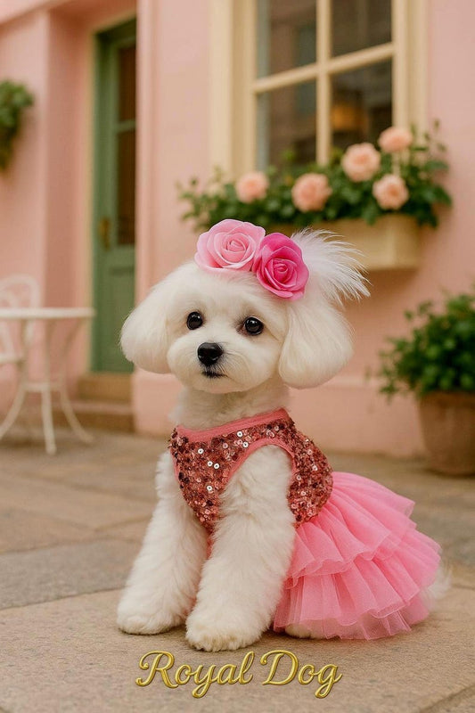 Pink Dog Tutu Dress with Matching Floral Headband – Cute Birthday Outfit for Small Dogs | Yorkie, Maltese, Chihuahua Party Clothes