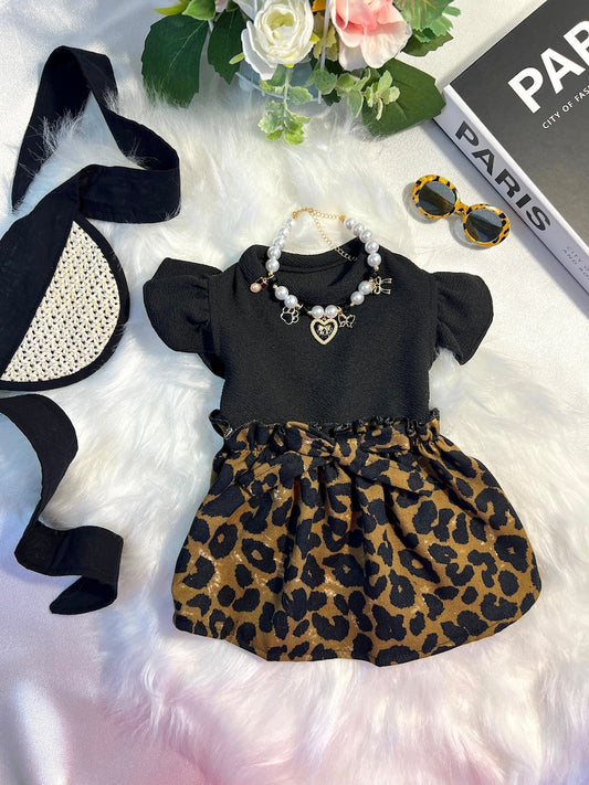 Dog Fashionista Outfit - Glamorous Leopard Dress, Cap, Glasses & Necklace, dog clothes, small dog outfit,