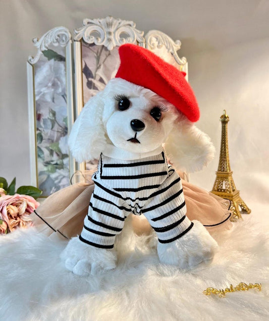 Elegant Parisian Dog Outfit – Luxury Bear Print Dress & Matching Beret for Small Dogs | Yorkie, Chihuahua, Toy Poodle Clothes, dog beret