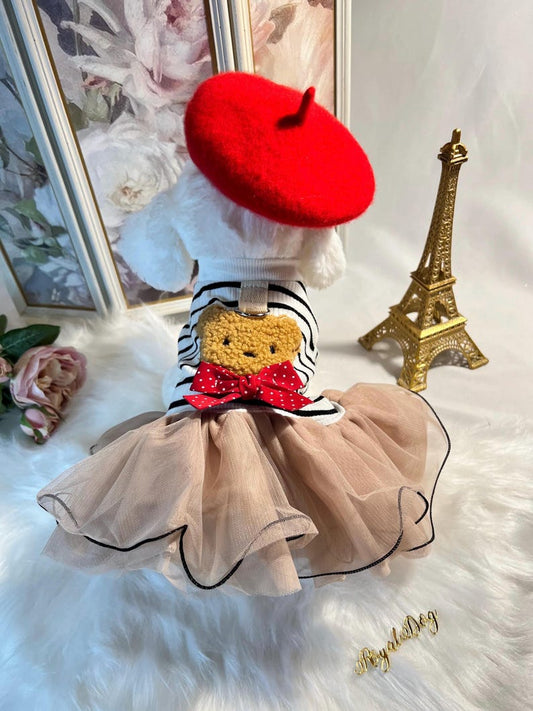 Parisian Chic: Bear Dress and Red Beret Set from Fashionable Paris Line, Dress for pets, small dog outfit, dog costume party, dog fashion