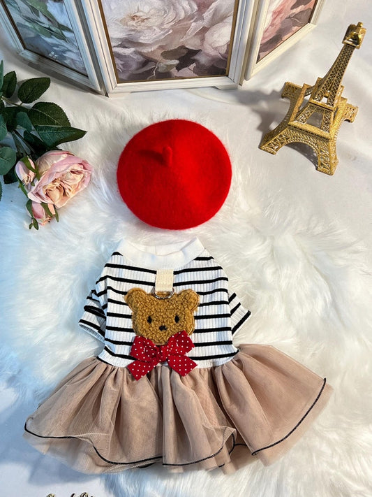 Dog clothes, luxury pet clothes, Bear Print Dresses, Red Beret , Paris Dress for Dogs, Dress for pets, small dog clothes, dog fashion
