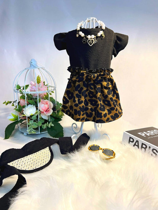 Leopard Dog Dress Set: Glamorous Pet Outfit with Cap, Sunglasses & Necklace