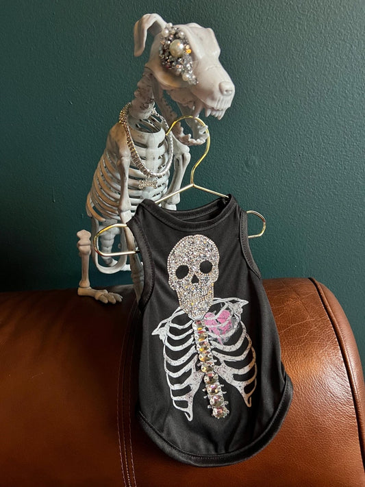Spooky Halloween Pet Tee with Skeleton Rhinestone - Includes Bone Necklace ,Halloween dog shirt , cute pet costume, dog Halloween outfit