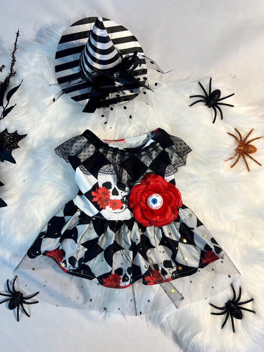 Halloween Dog Dress With Skull And Red Flower With Eye, dog clothes, pet clothing, pet costume party, dog Halloween outfit, dog dress