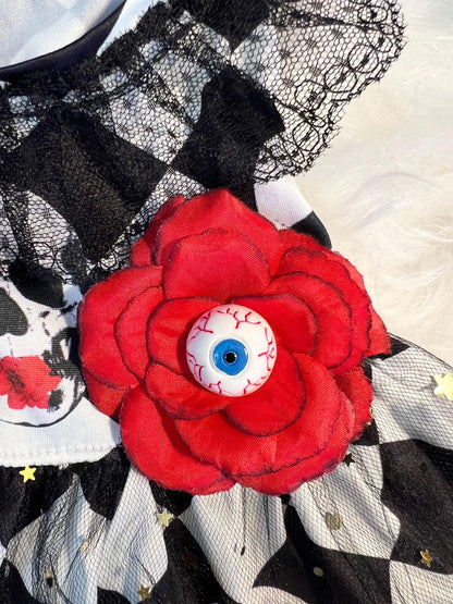 Halloween Dog Dress With Skull And Red Flower With Eye, dog clothes, pet clothing, pet costume party, dog Halloween outfit, dog dress