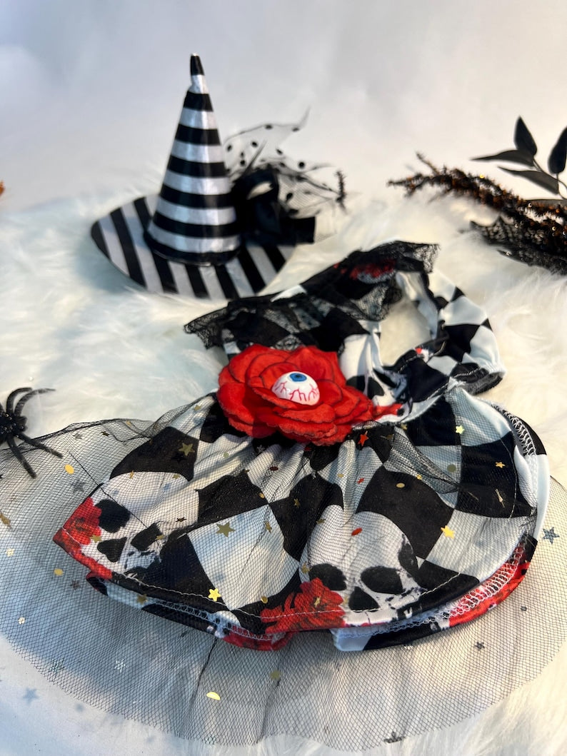 Halloween Dog Dress With Skull And Red Flower With Eye, dog clothes, pet clothing, pet costume party, dog Halloween outfit, dog dress