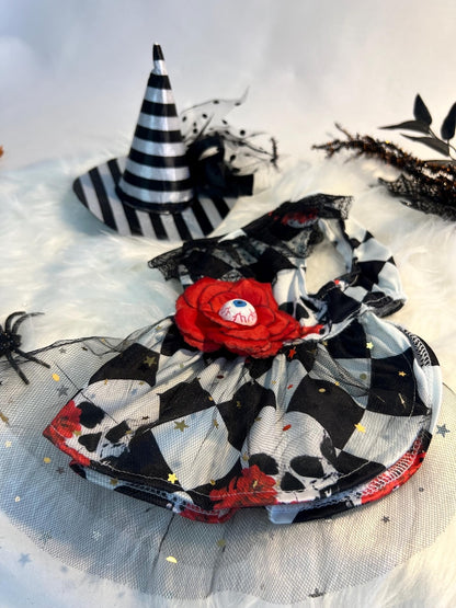 Halloween Dog Dress With Skull And Red Flower With Eye, dog clothes, pet clothing, pet costume party, dog Halloween outfit, dog dress
