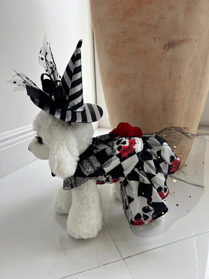 Halloween Dog Dress With Skull And Red Flower With Eye, dog clothes, pet clothing, pet costume party, dog Halloween outfit, dog dress
