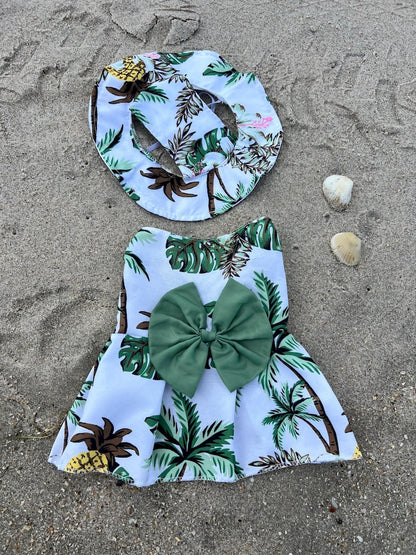 Dog Beachwear Combo: Floral Dress with Panama Hat, Hawaiian Dress and Sun Hat, dress for pets, small dog outfit, aloha Hawaii dress