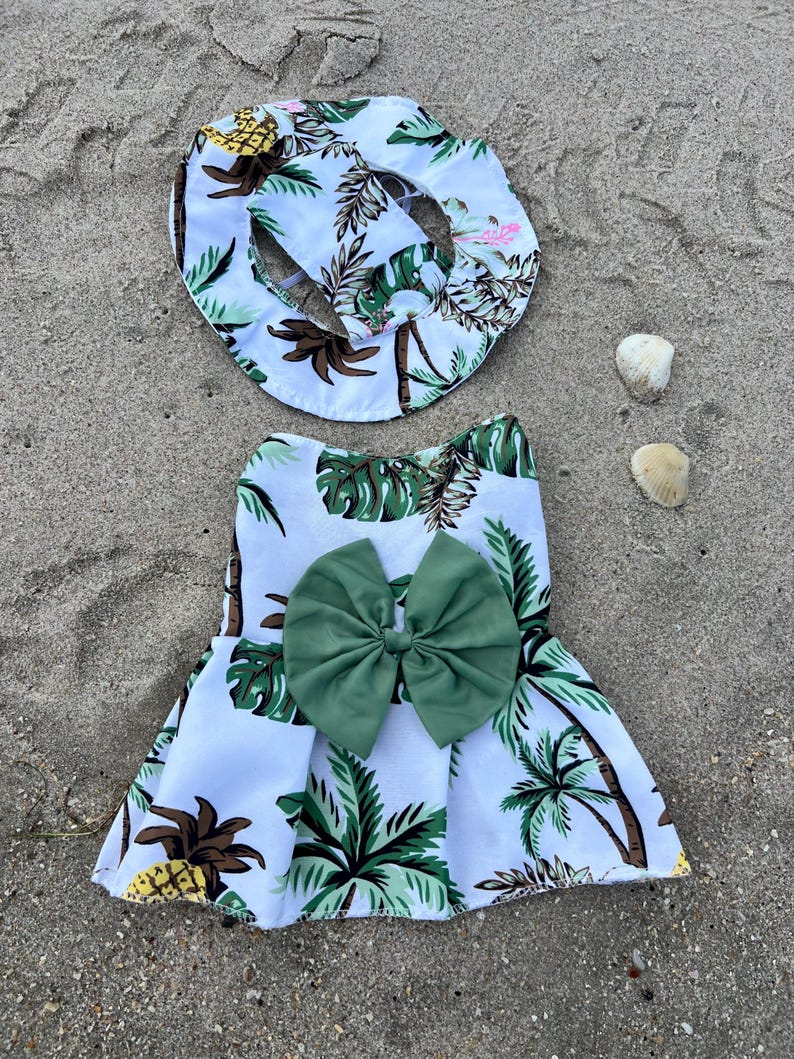 Sunshine Style: Dog Sundress & Stylish Straw Hat, Hawaiian Dress and Sun Hat, dress for pets, small dog outfit, aloha Hawaii dress,