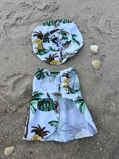 Tropical Dog Dress & Sun Hat Set – Hawaiian Summer Outfit for Small Dogs, Beach Pet Clothes, Luau Dog Costume, Fancy Dog Dress