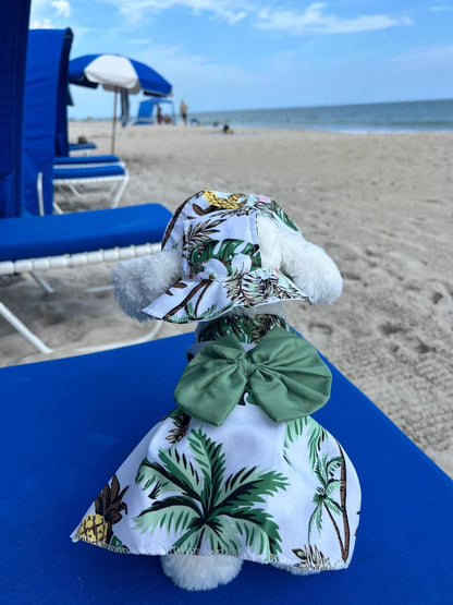 Tropical Dog Dress & Sun Hat Set – Hawaiian Summer Outfit for Small Dogs, Beach Pet Clothes, Luau Dog Costume, Fancy Dog Dress