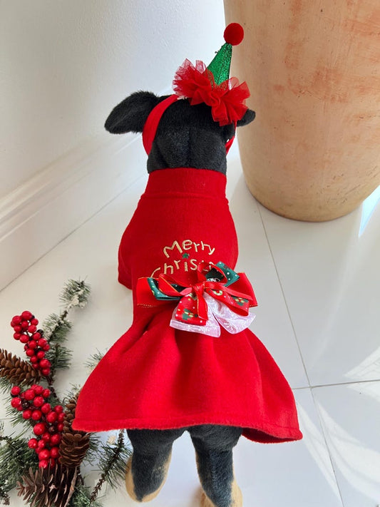 Holiday Dog Clothes: Stylish Christmas Dress & Hat Combo, Dress for pets, small dog clothes, Christmas dress for dog, Christmas dog outfit