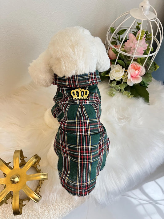 Pet Attire: Green Plaid Crowned Shirt for Pooches, shirt for pets, small dog outfit, Dog fashion, dog Clothes, Green dog shirt, dog pajamas