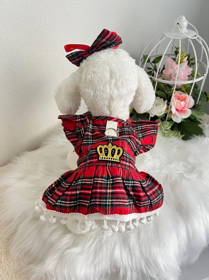 Chic Canine Attire: Red Checkered Dog Dress & Elegant Bow, dress for pets, small dog outfit, Dog fashion, dog Clothes, red dog dress