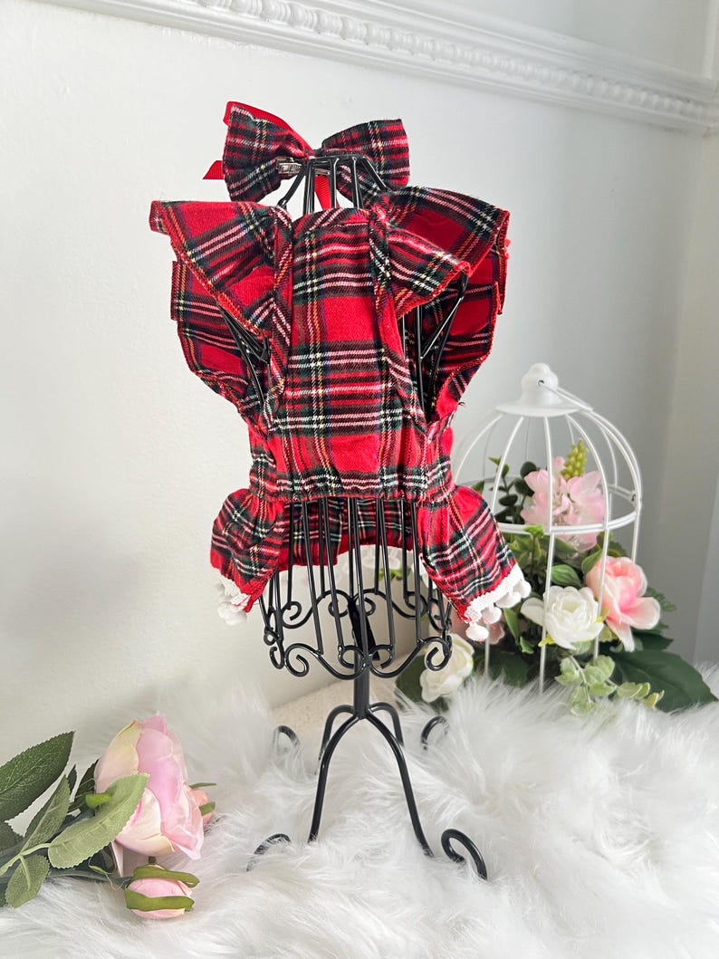 Chic Canine Attire: Red Checkered Dog Dress & Elegant Bow, dress for pets, small dog outfit, Dog fashion, dog Clothes, red dog dress