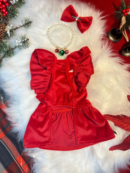 Festive Red Pet Dress with Matching Necklace and Bow Set, dress for pets, small dog outfit, Dog fashion, dog Clothes, red dog dress