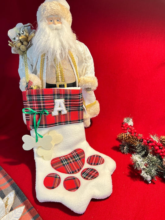 Monogrammed Christmas Stocking for Pets - Custom Gift with Initial, paw stocking, pet stocking, plaid pet stocking, Christmas gift, Dog gift
