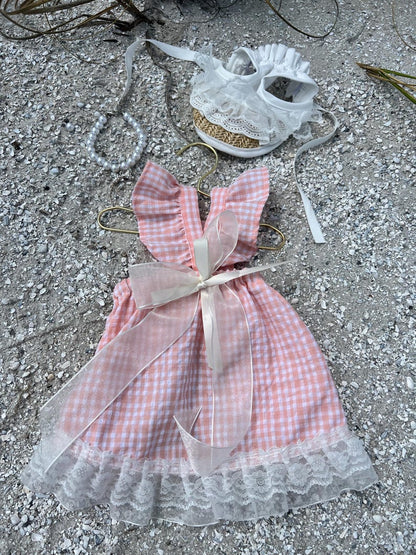 Chic Pink Outfit Set: Sundress, Lace Panama Hat, & Statement Necklace, Elegant and Chic Dog Clothes for Weddings, tutu Dog dress, Summer dog